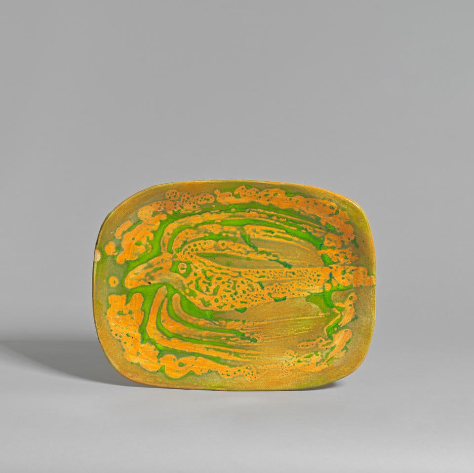 John Piper Dish, 1982: John Piper Dish, 1982 Glazed polychrome earthenware. 3 x 35.2 x 26.2 cm Painted to the reverse Fulham Pottery/JP/VI 82 and Golden Orange. This lot is subject to the following lot symbols: AR AR Goods