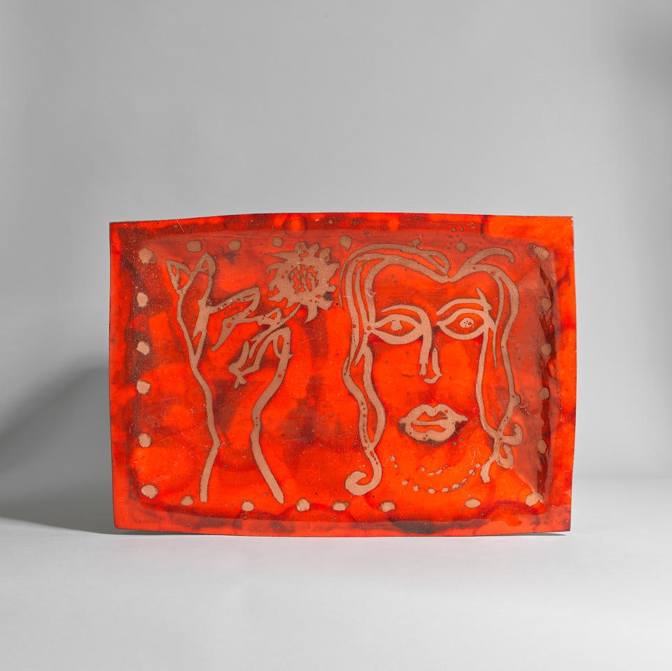 John Piper 'Girl with a Sunflower' large dish, 1979: John Piper 'Girl with a Sunflower' large dish, 1979 Glazed polychrome earthenware. 5.2 x 60.7 x 42.2 cm Painted to the reverse with artist's signature, Girl with a Sunflower/1979/5//50 and For Christi