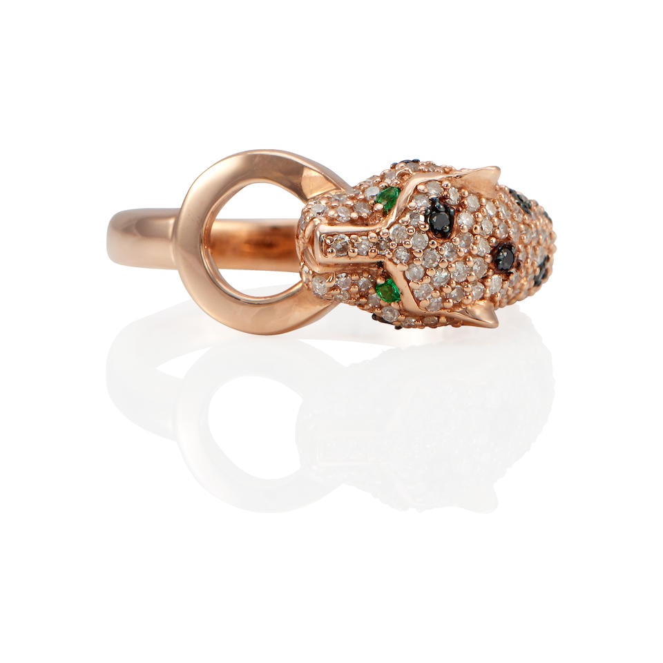 A 14K ROSE GOLD, DIAMOND, BLACK DIAMOND AND EMERALD PANTHER RING (1 of 3)
