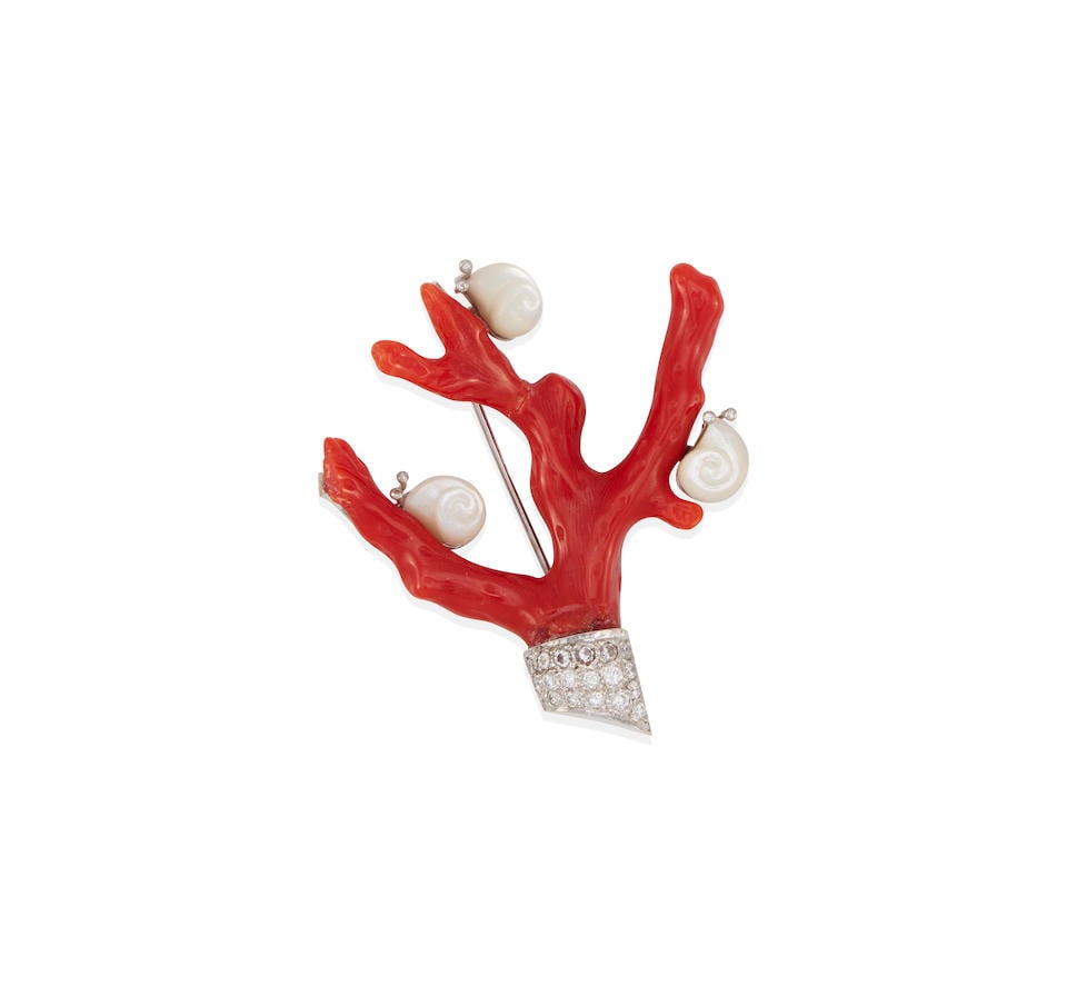 A 14K WHITE GOLD, CORAL, MOTHER-OF-PEARL AND DIAMOND BROOCH (1 of 2)
