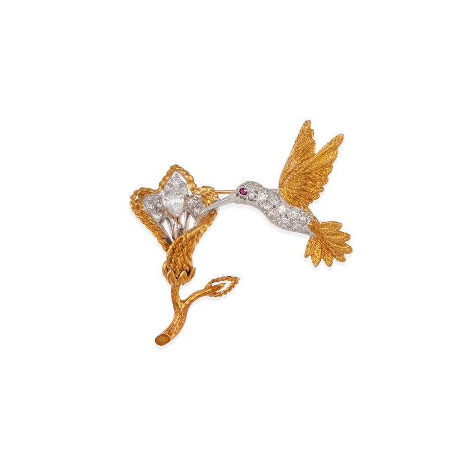 AN 18K YELLOW GOLD, PLATINUM, DIAMOND AND RUBY HUMMINGBIRD AND FLOWER BROOCH (1 of 2)