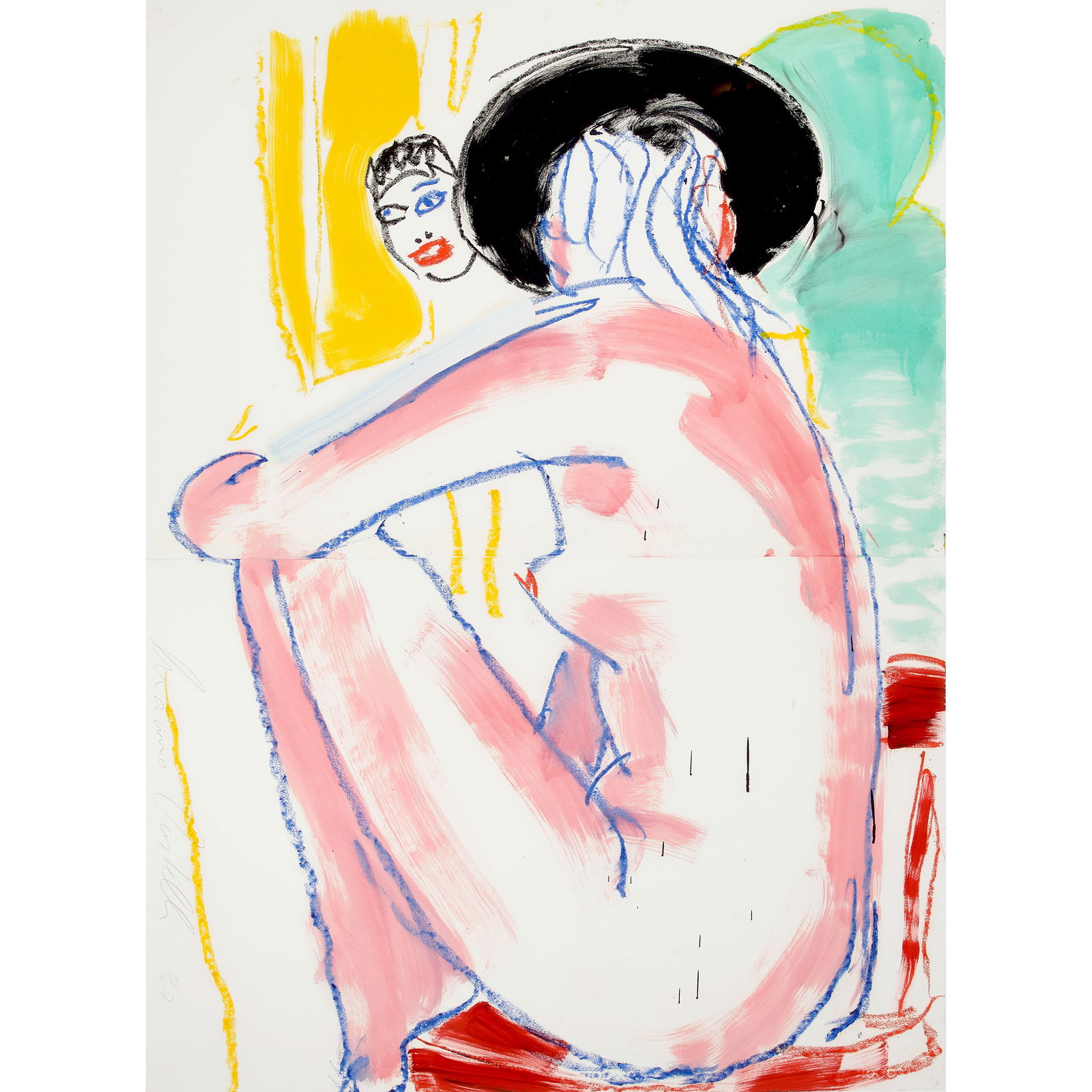 LUCIANO CASTELLI (B. 1951) Birgit Ruckenakt 1, 1987: LUCIANO CASTELLI (B. 1951) Birgit Ruckenakt 1, 1987 signed and dated 'Luciano Castelli 87' (lower left) oil and crayon on paper 55 1/8 x 39 3/8 in. 140 x 100 cm. Footnotes: Provenance Th