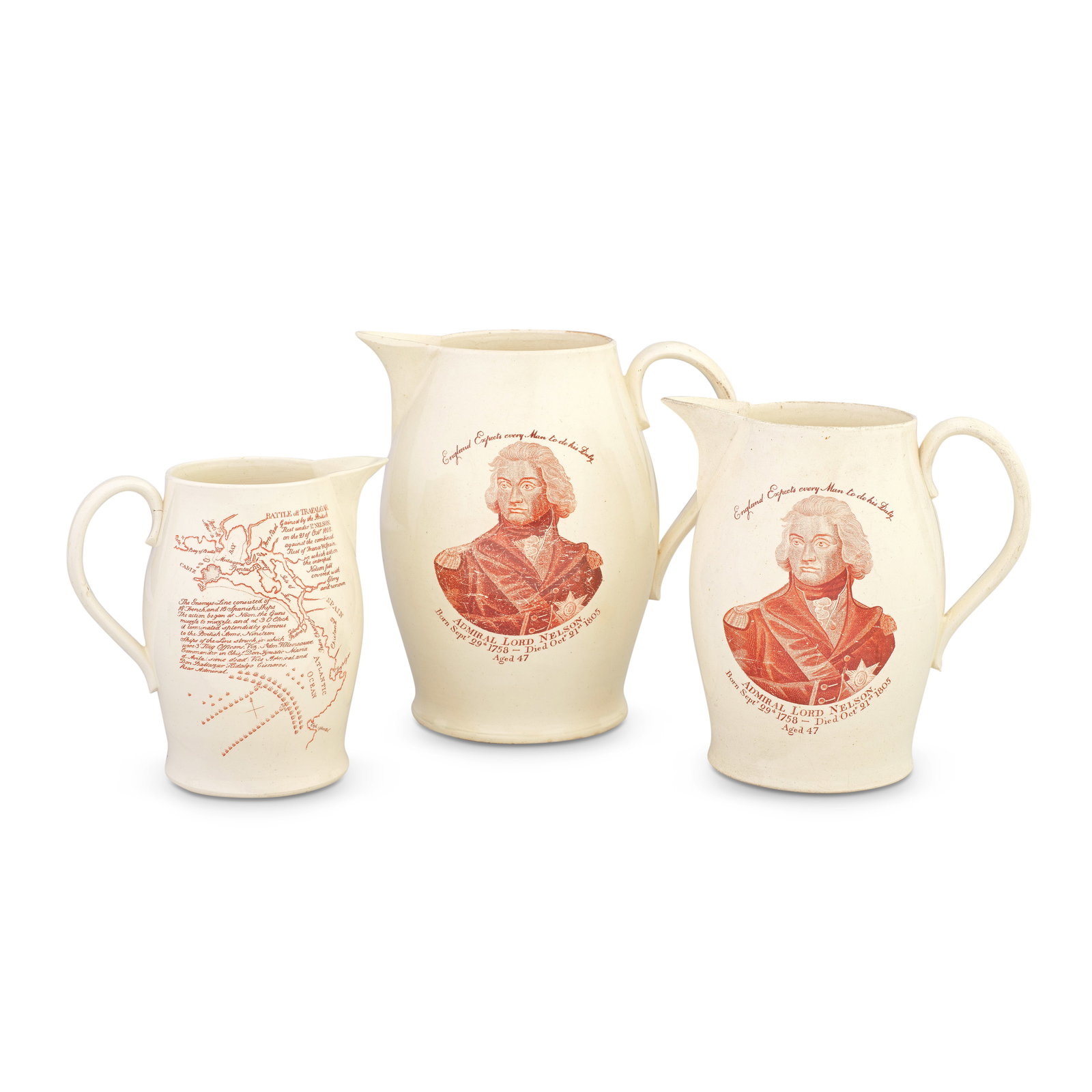 Nelson and Trafalgar: three graduated creamware jugs, circa 1805-10: Nelson and Trafalgar: three graduated creamware jugs, circa 1805-10 Printed in red with a portrait of 'ADMIRAL LORD NELSON, Born Sept 29th 1758 - Died Oct 21st 1805, Aged 47' below his famous signal '