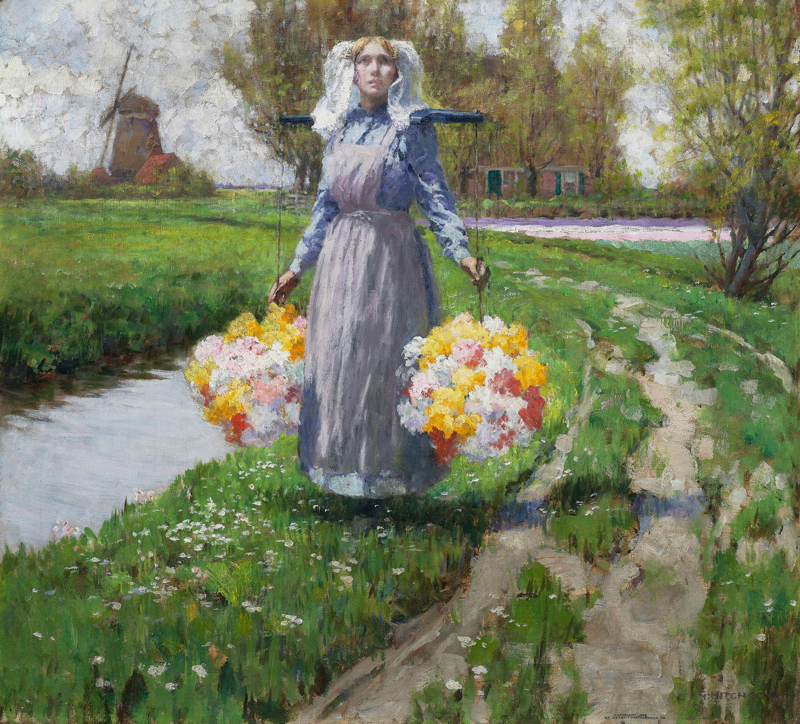 George Hitchcock (1850-1913) Young Maiden with Flowers 28 5/8 x 31 1/2 in. (72.7 x 80 cm.) (Pain...: George Hitchcock (1850-1913) Young Maiden with Flowers signed 'G. HITCHCOCK' (lower right) and inscribed 'COPYRIGHT, 1905, / BY DETROIT PHOTOGRAPHIC Co.' (lower right) and inscribed 'Copyright, 1905.