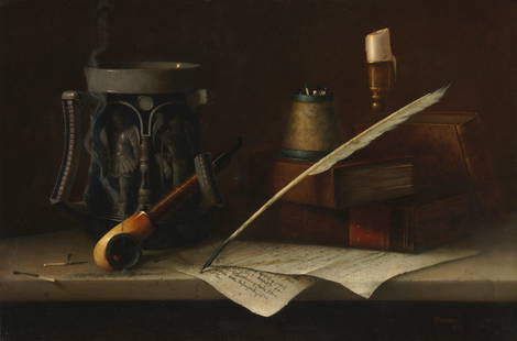 William Michael Harnett (1848-1892) Still Life with Quill and Pipe 16 1/8 x 24 1/8 in. (41 x 61....: William Michael Harnett (1848-1892) Still Life with Quill and Pipe signed with conjoined initials and dated 'WMHarnett. / 1879.' (lower right) oil on canvas 16 1/8 x 24 1/8 in. (41 x 61.3 cm.) Painted