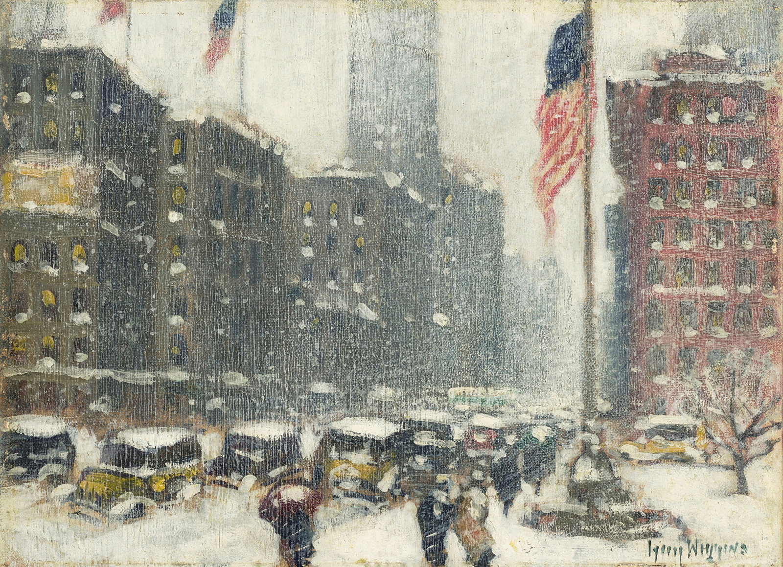 Guy Carleton Wiggins (1883-1962) 5th Avenue at Madison Square 9 x 12 in. (22.9 x 30.5 cm.): Guy Carleton Wiggins (1883-1962) 5th Avenue at Madison Square signed 'Guy Wiggins' (lower right) and inscribed with title and signed again (on the reverse) oil on canvasboard 9 x 12 in. (22.9 x 30.5 c