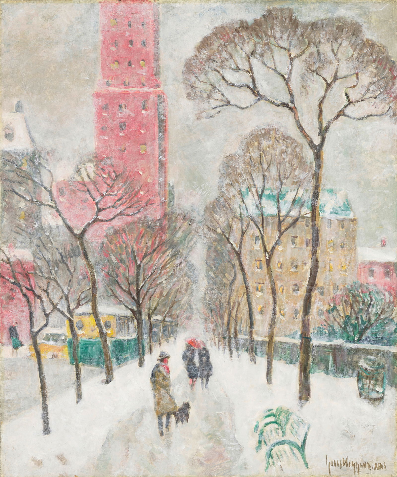 Guy Carleton Wiggins (1883-1962) Along Central Park on a Snowy Day 30 1/4 x 25 1/4 in. (76.8 x 6...: Guy Carleton Wiggins (1883-1962) Along Central Park on a Snowy Day signed 'Guy Wiggins. NA.' (lower right) and inscribed with title, signed again and dated '1938.' (on the reverse) oil on canvas 30 1/