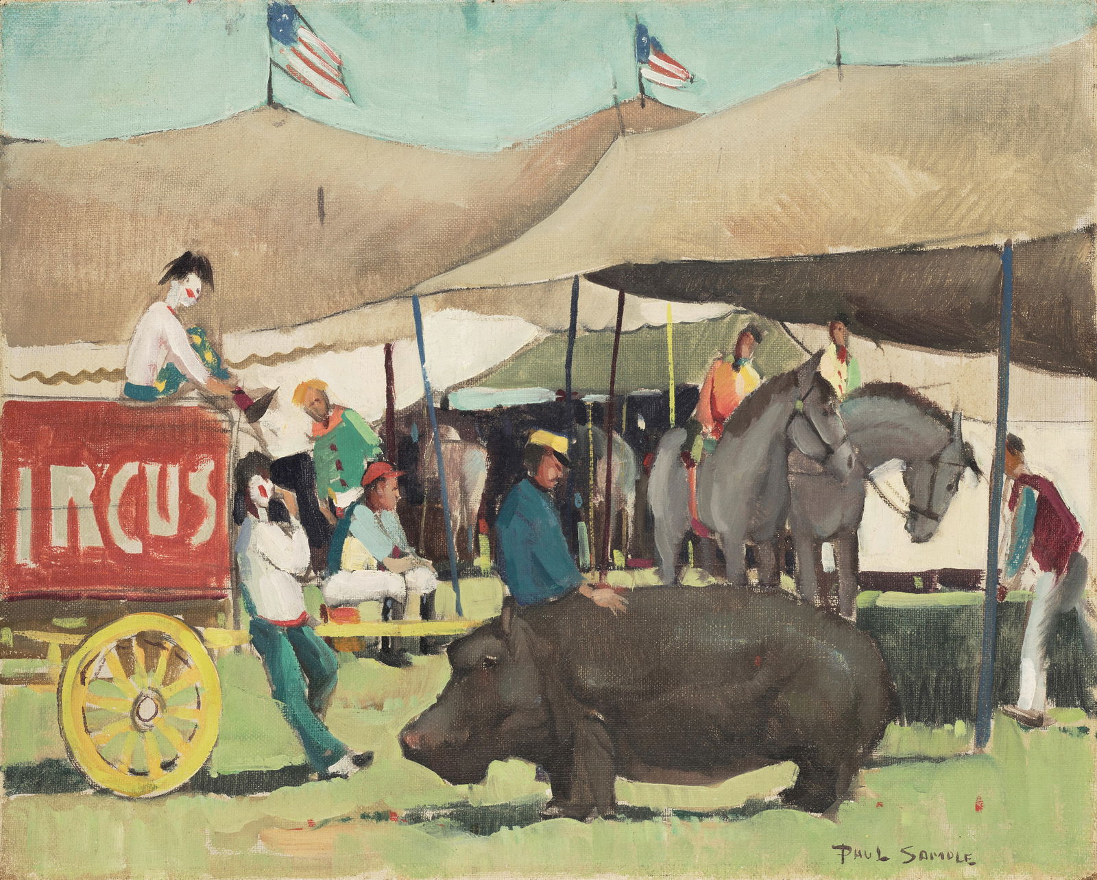 Paul Sample (1896-1974) Hippo 16 1/4 x 20 1/4 in. (41.3 x 51.4 cm.): Paul Sample (1896-1974) Hippo signed 'PAUL SAMPLE' (lower right) and inscribed with title twice and signed again (on the stretcher) oil on canvas 16 1/4 x 20 1/4 in. (41.3 x 51.4 cm.) Footnotes: Prove
