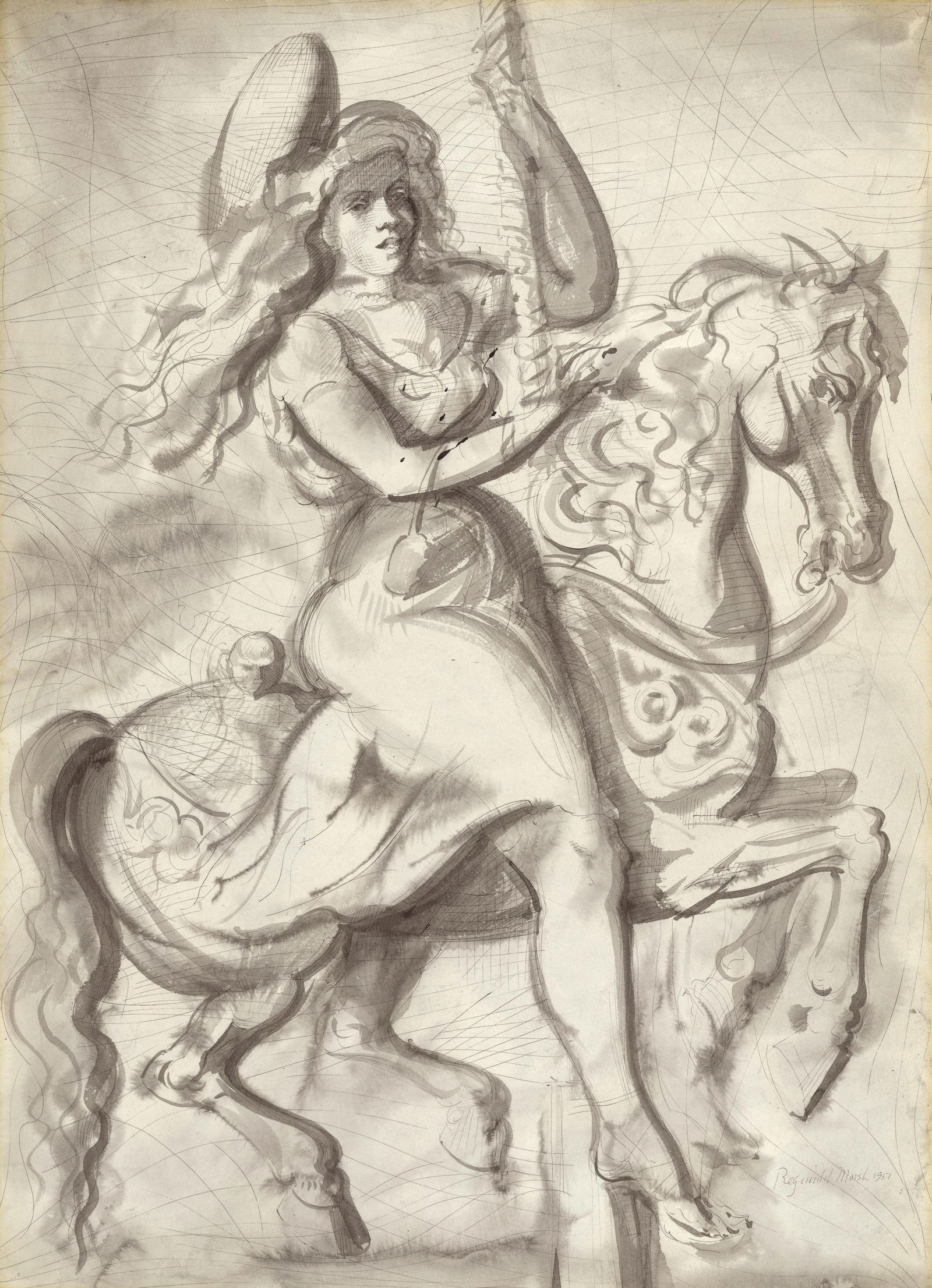 Reginald Marsh (1898-1954) Girl on a Merry-Go-Round: A Double-Sided Work 30 3/4 x 22 3/8 in. (78...: Reginald Marsh (1898-1954) Girl on a Merry-Go-Round: A Double-Sided Work signed and dated 'Reginald Marsh 1951' (lower right, recto) and signed and dated again (lower left, verso) ink and ink wash on
