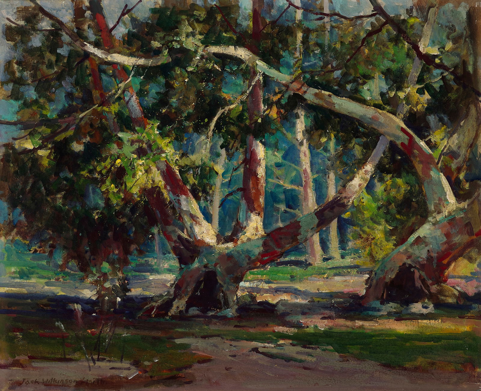 Jack Wilkinson Smith (1873-1949) Scattered Sunlight in the Trees 17 1/4 x 21 1/4 in. framed 27...: Jack Wilkinson Smith (1873-1949) Scattered Sunlight in the Trees signed 'Jack Wilkinson Smith' (lower left) oil on canvas laid to board 17 1/4 x 21 1/4 in. framed 27 x 31 in. Footnotes: Provenanc