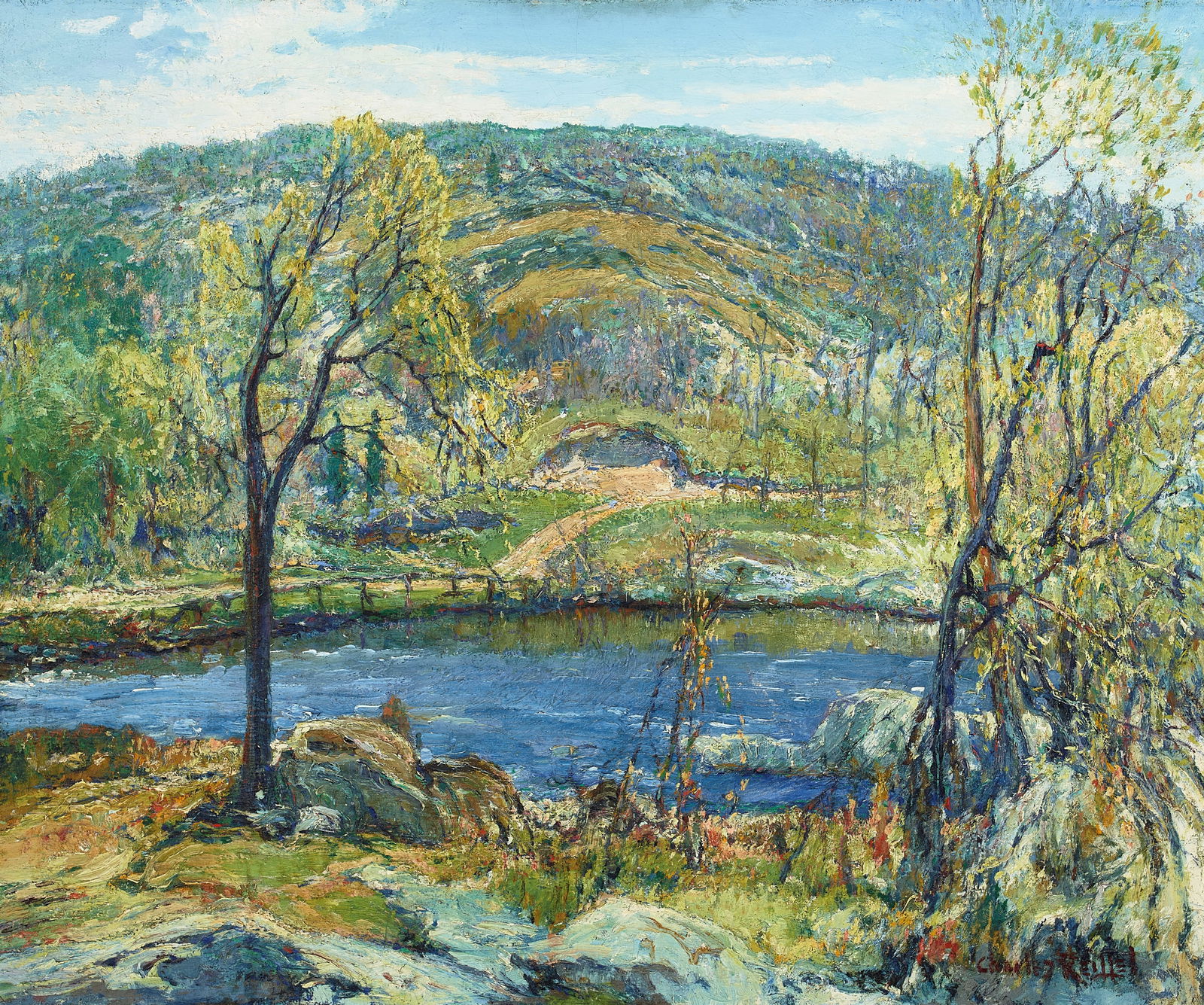 Charles Reiffel (1862-1942) Edge of the Reservoir 25 x 30 1/4 in. framed 34 3/4 x 39 3/4 in.: Charles Reiffel (1862-1942) Edge of the Reservoir signed 'Charles Reiffel' (lower right) and signed again and titled (on the reverse prior to lining) oil on canvas 25 x 30 1/4 in. framed 34 3/4 x 39