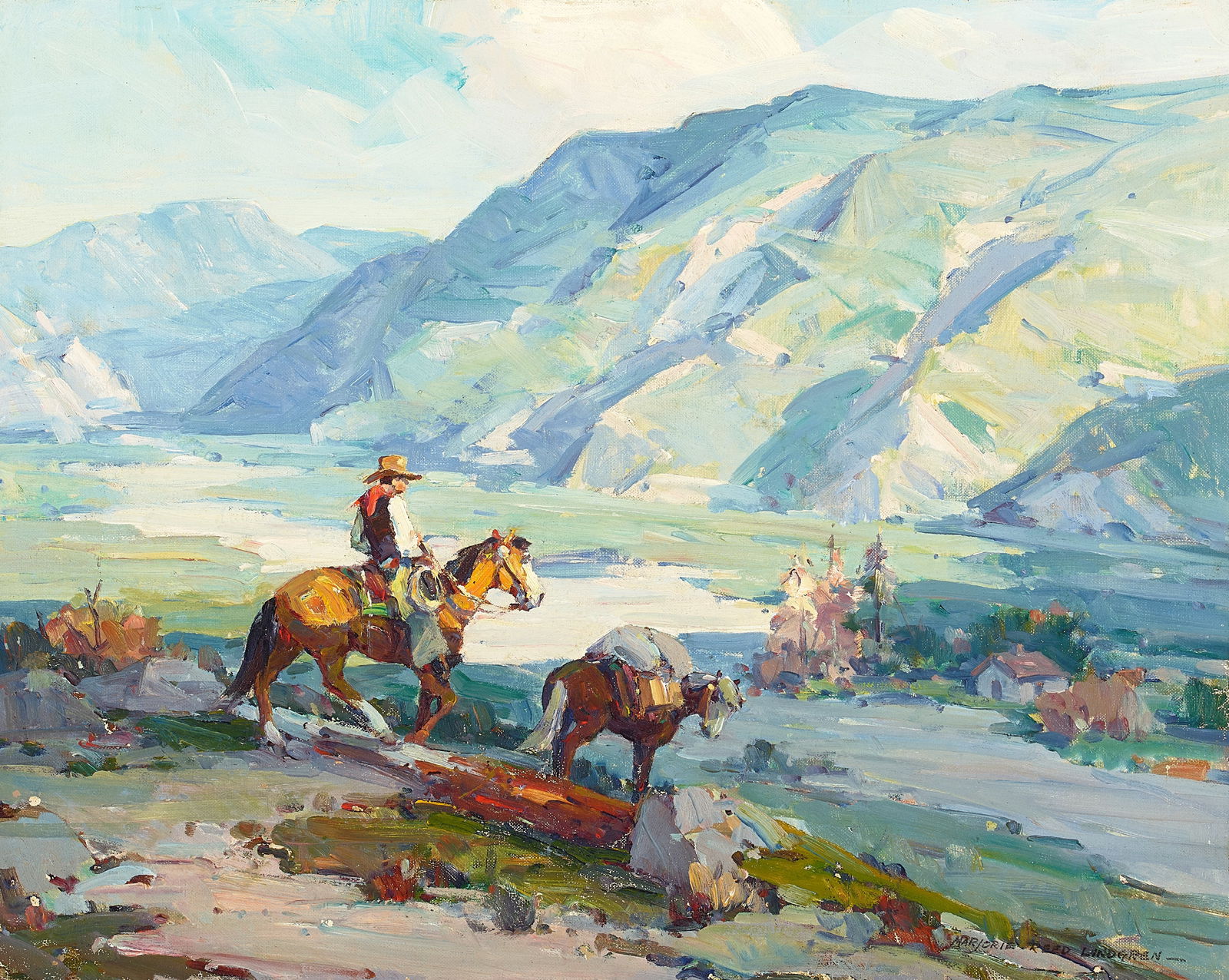 Marjorie Jane Reed (1915-1996) Cowboy with his Packhorse 16 x 20 in.  framed 21 x 25 in. (1 of 2)