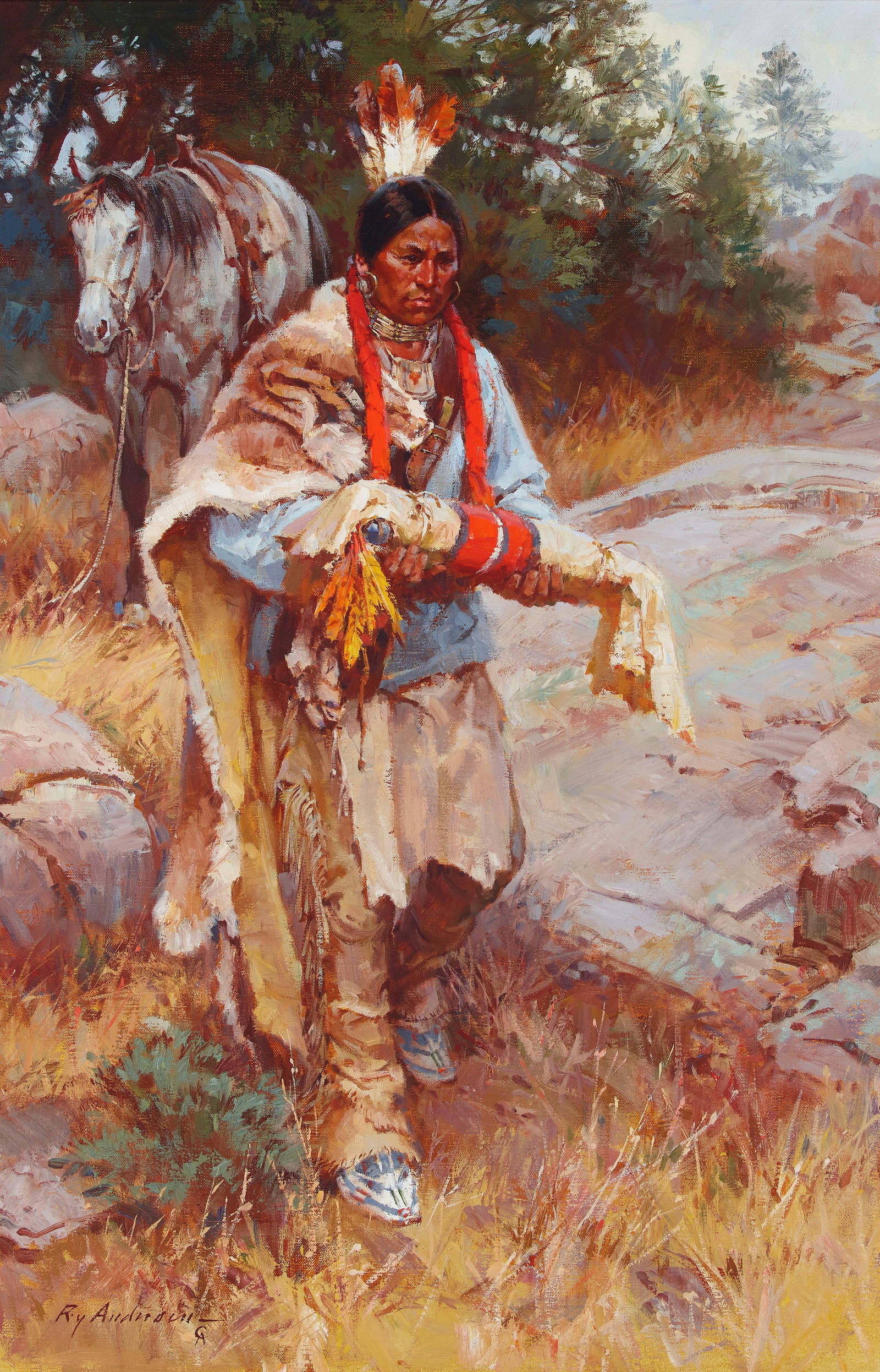 Roy Andersen (1930-2019) Keeper of the Medicine Bundle 30 x 20 in. framed 37 x 27 in.: Roy Andersen (1930-2019) Keeper of the Medicine Bundle signed 'Roy Andersen - CA' (lower left) and signed again and titled on an artist's statement (accompanying the lot), titled again (on the present