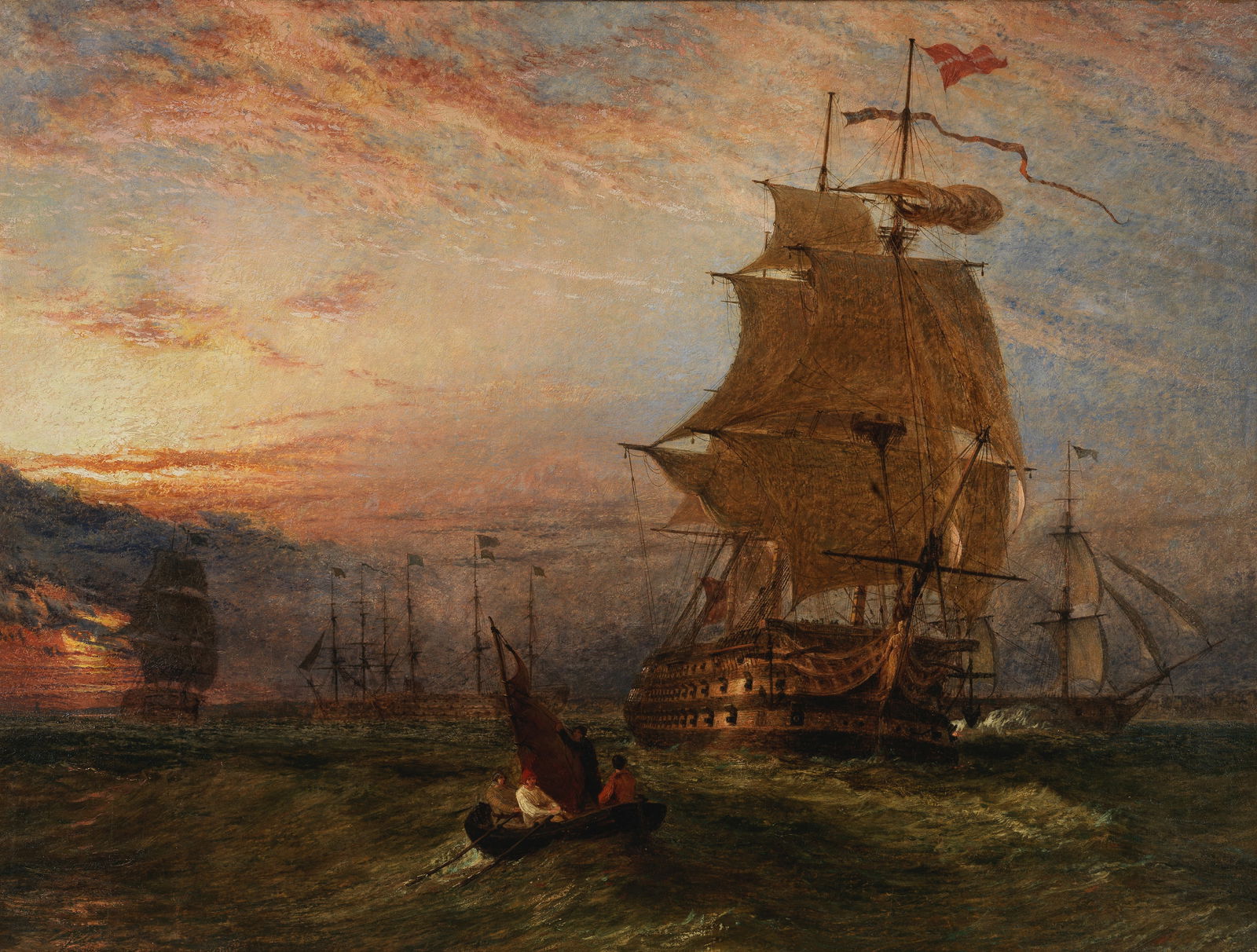 Henry Thomas Dawson (British, 1841-circa 1896) HMS Britannia leaving the fleet anchorage with ot...: Henry Thomas Dawson (British, 1841-circa 1896) HMS Britannia leaving the fleet anchorage with other ships of War beyond bears inscription 'HDawson/No.1 (verso) oil on canvas 81.9 x 107.6cm (32 1/4 x 4