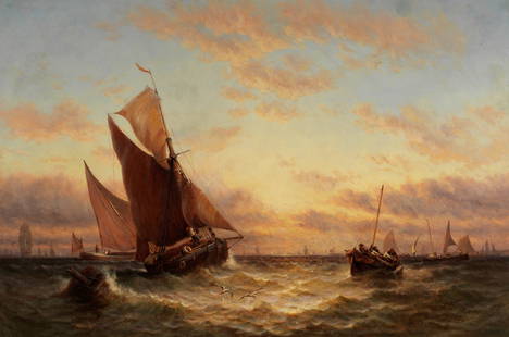 George Stainton (British, active 1866-1890) Barges and fishing boats at the mouth of the Thames: George Stainton (British, active 1866-1890)Barges and fishing boats at the mouth of the Thames signed 'G STAINTON' (lower right), further signed and inscribed 'BARGES AND FISHING BOATS/MOUTH OF