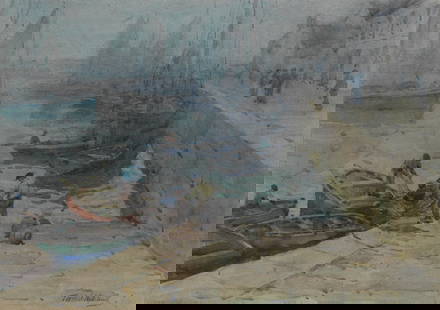 Terrick John Williams, RA (British, 1860-1936) A grey morning, Audierne, Brittany: Terrick John Williams, RA (British, 1860-1936) A grey morning, Audierne, Brittany signed 'Terrick Williams.' (lower right) watercolour heightened with white 32.7 x 46.6cm (12 7/8 x 18 3/8in). Footn