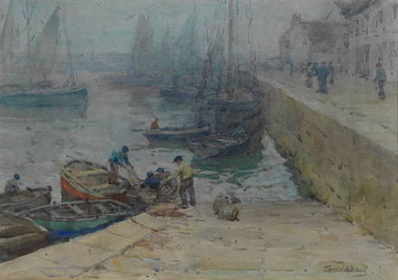 Terrick John Williams, RA (British, 1860-1936) A grey morning, Audierne, Brittany: Terrick John Williams, RA (British, 1860-1936)A grey morning, Audierne, Brittany signed 'Terrick Williams.' (lower right) watercolour heightened with white32.7 x 46.6cm (12 7/8 x 18