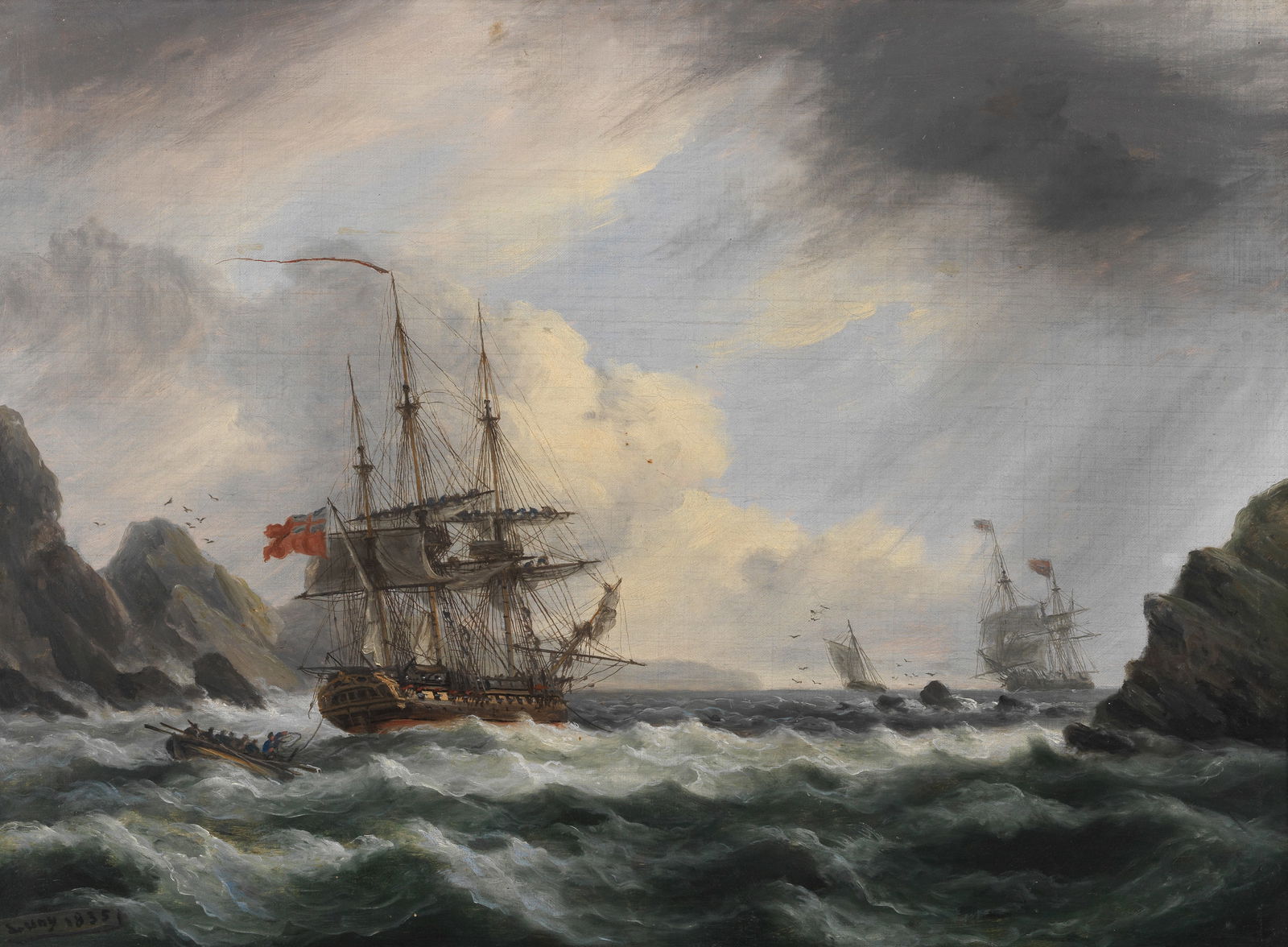 Thomas Luny (British, 1759-1837) A British man o' war and its tender in a squall: Thomas Luny (British, 1759-1837) A British man o' war and its tender in a squall signed and dated 'Luny 1835' (lower left) oil on canvas 48.5 x 68.6cm (19 1/8 x 27in).