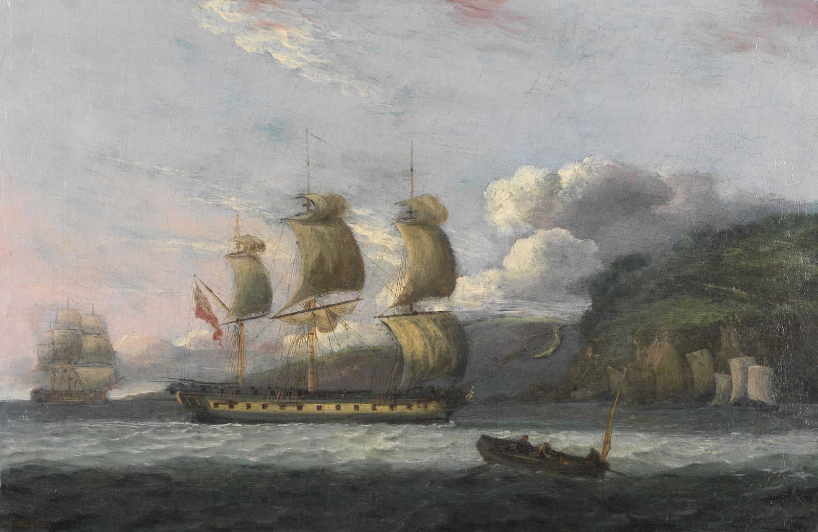 Thomas Luny (British, 1759-1837) A British ship and other vessels off a coast unframed: Thomas Luny (British, 1759-1837) A British ship and other vessels off a coast signed with initials and dated 'TL. 1806.' (lower left) oil on panel 32.7 x 49.6cm (12 7/8 x 19 1/2in). unframed