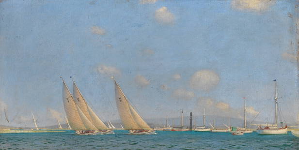 Charles Pears, RSMA (British, 1873-1958) A luffing match at Lymington: Charles Pears, RSMA (British, 1873-1958) A luffing match at Lymington signed 'CHAS.PEARS' (lower left); bears inscription 'A luffing match at Lymington/by Chas Pears' (verso) oil on board 33.4 x 67.3c