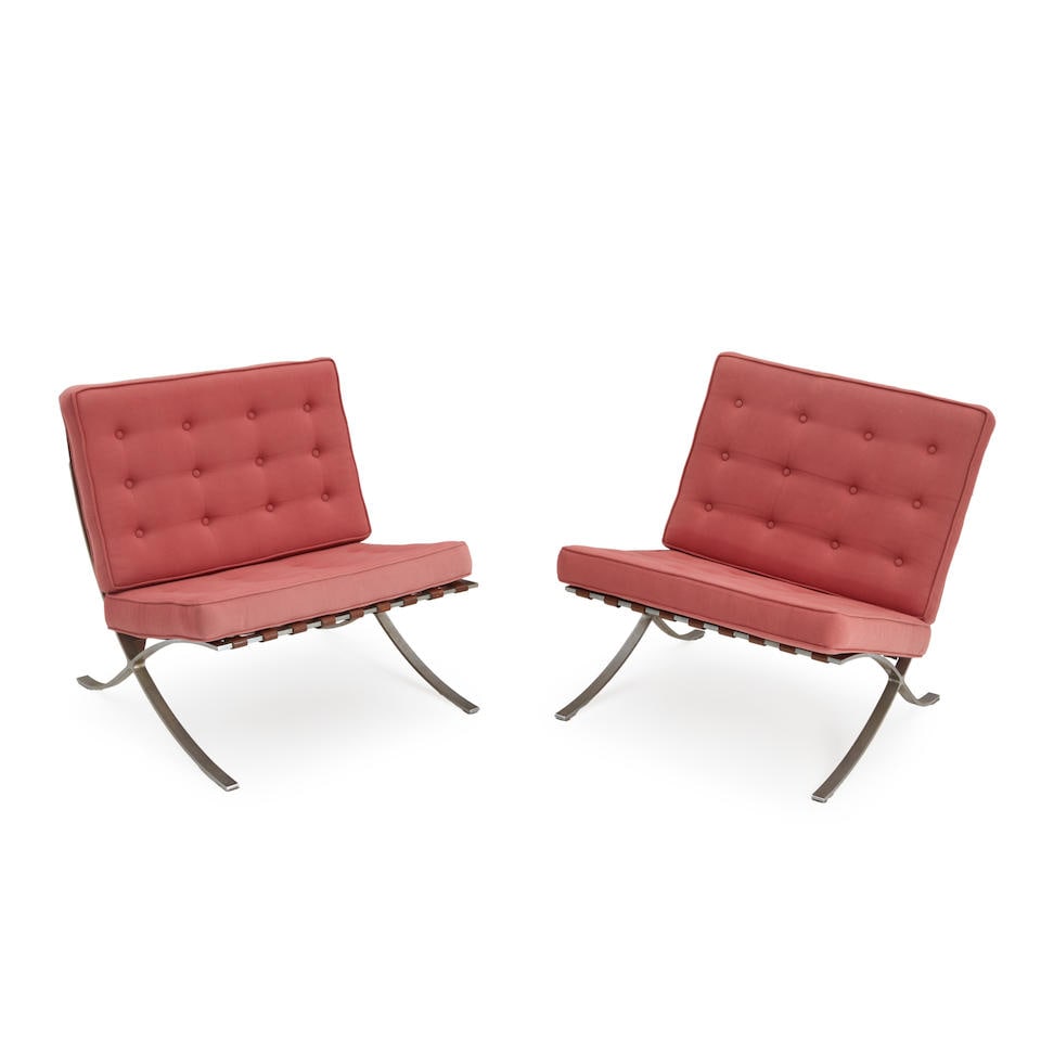 PAIR OF LUDWIG MIES VAN DER ROHE (1886-1969) 'BARCELONA': PAIR OF LUDWIG MIES VAN DER ROHE (1886-1969) 'BARCELONA' • United States of America • Late 20th century • Chromed steel, leather webbing, fabric upholstery • Unmarked • 1