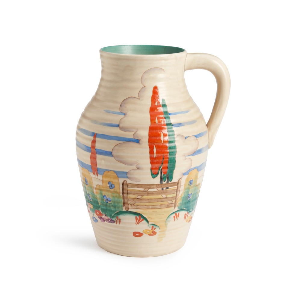 CLARICE CLIFF (1899-1972) 'STILE AND TREES' PATTERN LOTUS JUG (1 of 3)