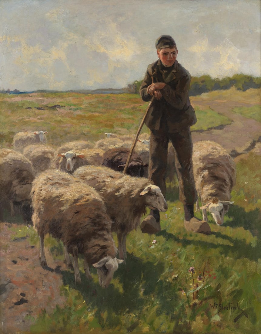 Willem Steelink (Dutch, 1856-1928) Shepherd boy guarding the flock (1 of 3)