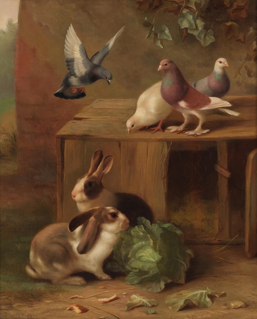 Edgar Hunt (British, 1876-1955) Pigeons, doves and rabbits: Edgar Hunt (British, 1876-1955) Pigeons, doves and rabbits signed and dated 'E Hunt 1912' (lower left) oil on canvas 31.5 x 26.4cm (12 3/8 x 10 3/8in). Footnotes: Provenance Private collection, UK. Th