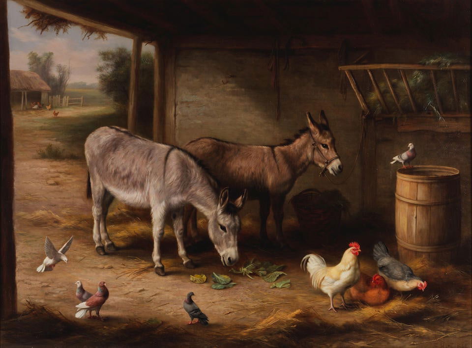 Edgar Hunt (British, 1876-1955) Donkeys, hens and doves in a barn: Edgar Hunt (British, 1876-1955) Donkeys, hens and doves in a barn signed and dated 'E Hunt 1922' (lower right) oil on canvas 51 x 76cm (20 1/16 x 29 15/16in). Footnotes: Provenance Private collection,