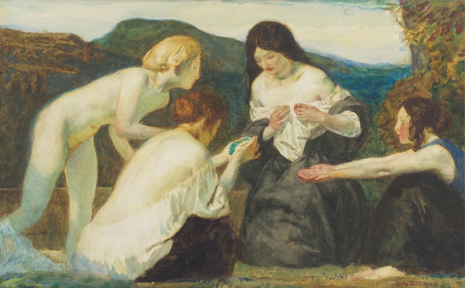 Robert Anning Bell, RA (British, 1863-1933) The dead Kingfisher: Robert Anning Bell, RA (British, 1863-1933) The dead Kingfisher signed and dated 'R.An.Bell.1920' (lower right); further signed and indistinctly inscribed 'The dead Kingfisher/Robert Anning Bell R.W.W