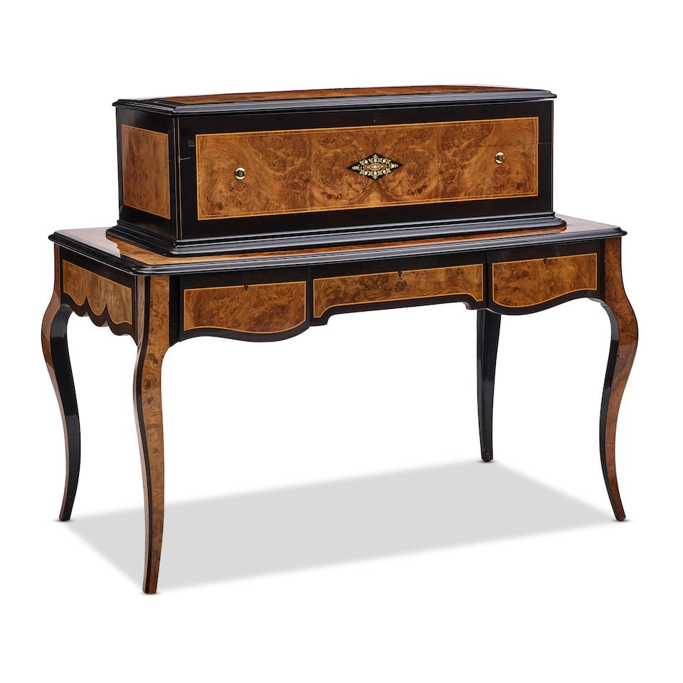 A SWISS MOTHER-OF-PEARL INLAID PART EBONIZED AND MARQUETRY BURLWOOD CYLINDER MUSIC BOX ON STANDT... (1 of 3)