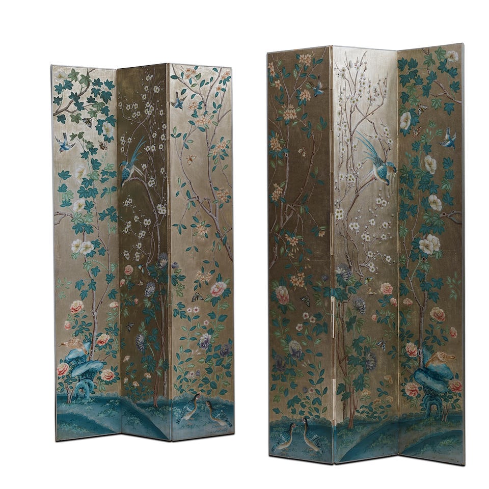 A PAIR OF GRACIE WALLPAPER STYLE THREE-PANEL HANDPAINTED SCREENS (1 of 2)