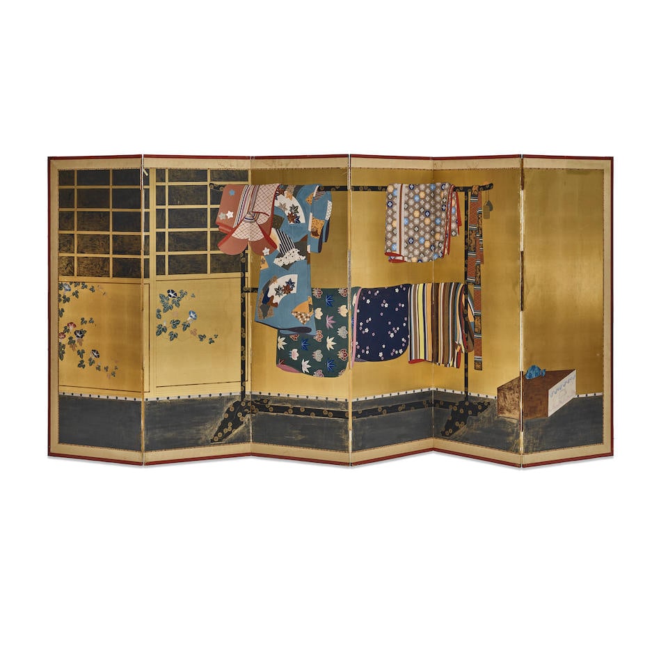 A JAPANESE PAPER ON PIGMENT SIX-PANEL SCREENLate 19th/early 20th century (1 of 2)