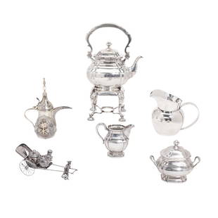 A GROUP OF SILVER TABLE ARTICLES by various makers, 20th century: A GROUP OF SILVER TABLE ARTICLES by various makers, 20th century Comprising an Allan Adler sterling silver water pitcher, a German 835 silver three-piece tea set, and a Chinese silver rickshaw-form sa