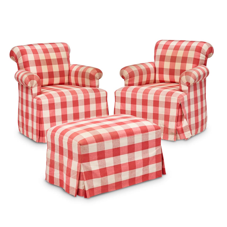 A PAIR UPHOLSTERED ARMCHAIRS AND OTTOMAN EN SUITE (1 of 2)