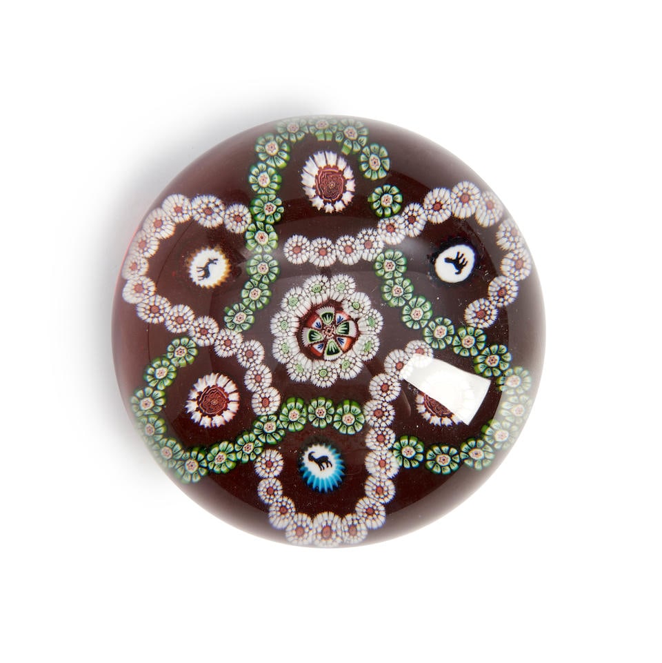 BACCARAT PATTERNED MILLEFIORI GLASS PAPERWEIGHT, France, several silhouette canes, ht. 2, dia. 2... (1 of 1)