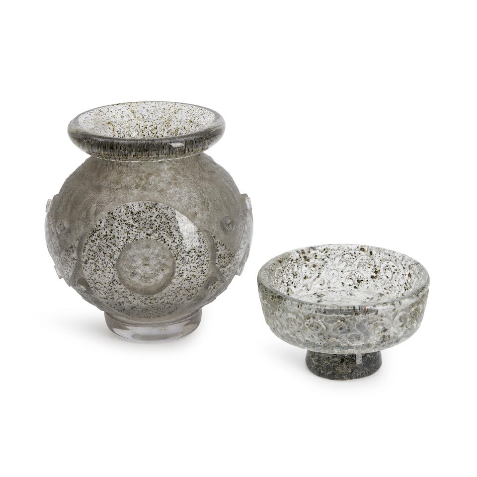 DAUM GLASS ART DECO FOOTED BOWL AND VASE, Nancy, France, c. 1930, both with wheel-engraved marks... (1 of 1)