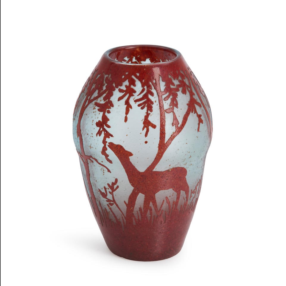 LEGRAS CAMEO GLASS VASE WITH FAWN, Saint-Denis, France, c. 1910, cameo mark 'Legras,' ht. 8 1/8 in. (1 of 5)