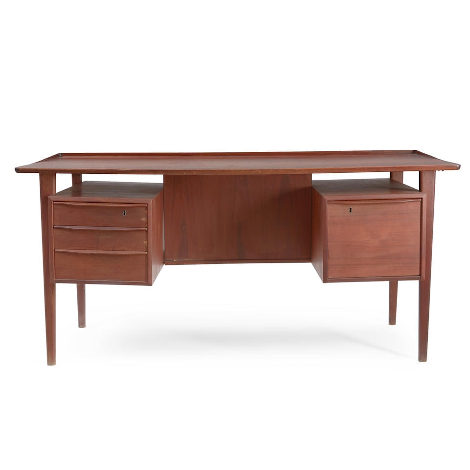 PETER LOVIG NIELSEN (1929-2007) TEAK DESK, Denmark, c. 1960, teak, teak veneer, one drawer marke... (1 of 2)