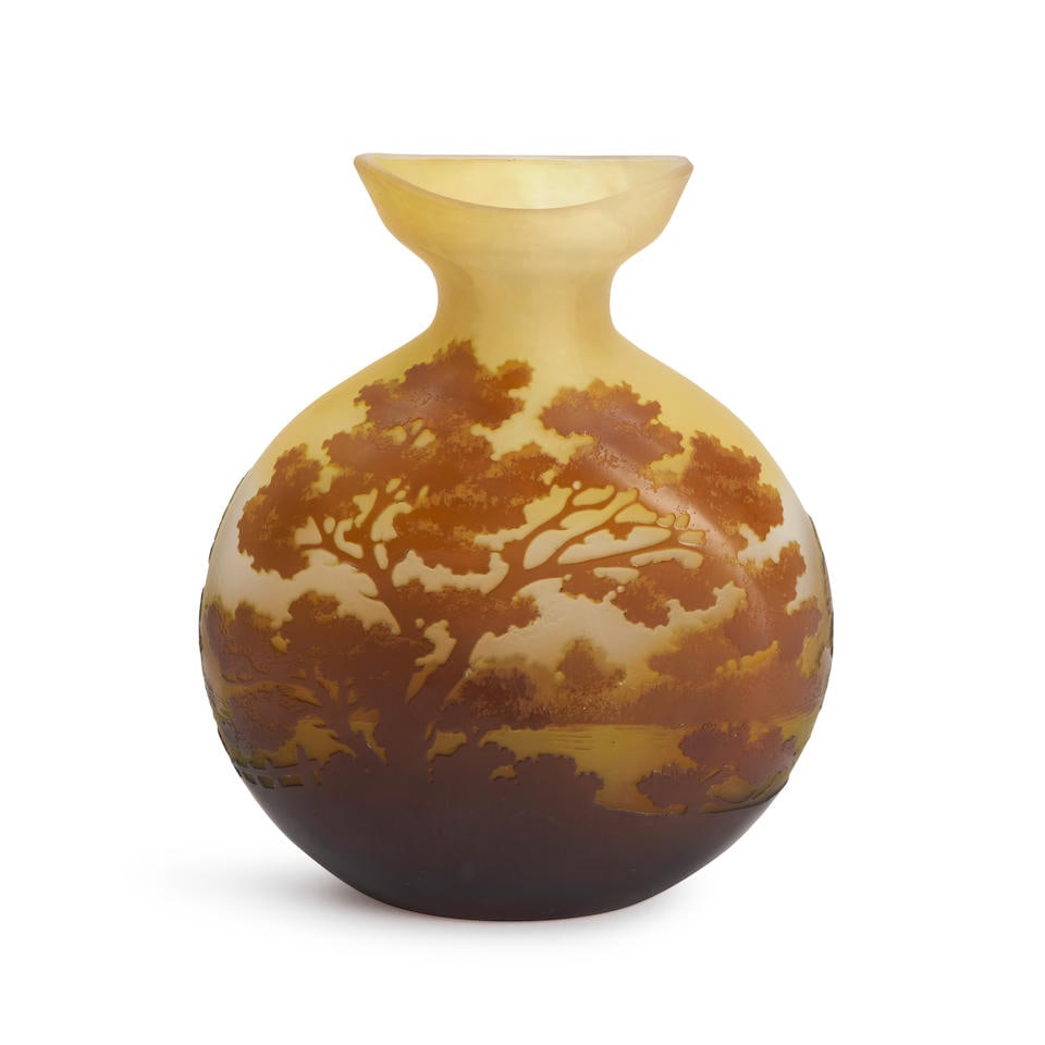 GALLE CAMEO GLASS LANDSCAPE VASE,  France, early 20th century, cameo mark 'Galle,' ht. 5 1/2 in. (1 of 5)