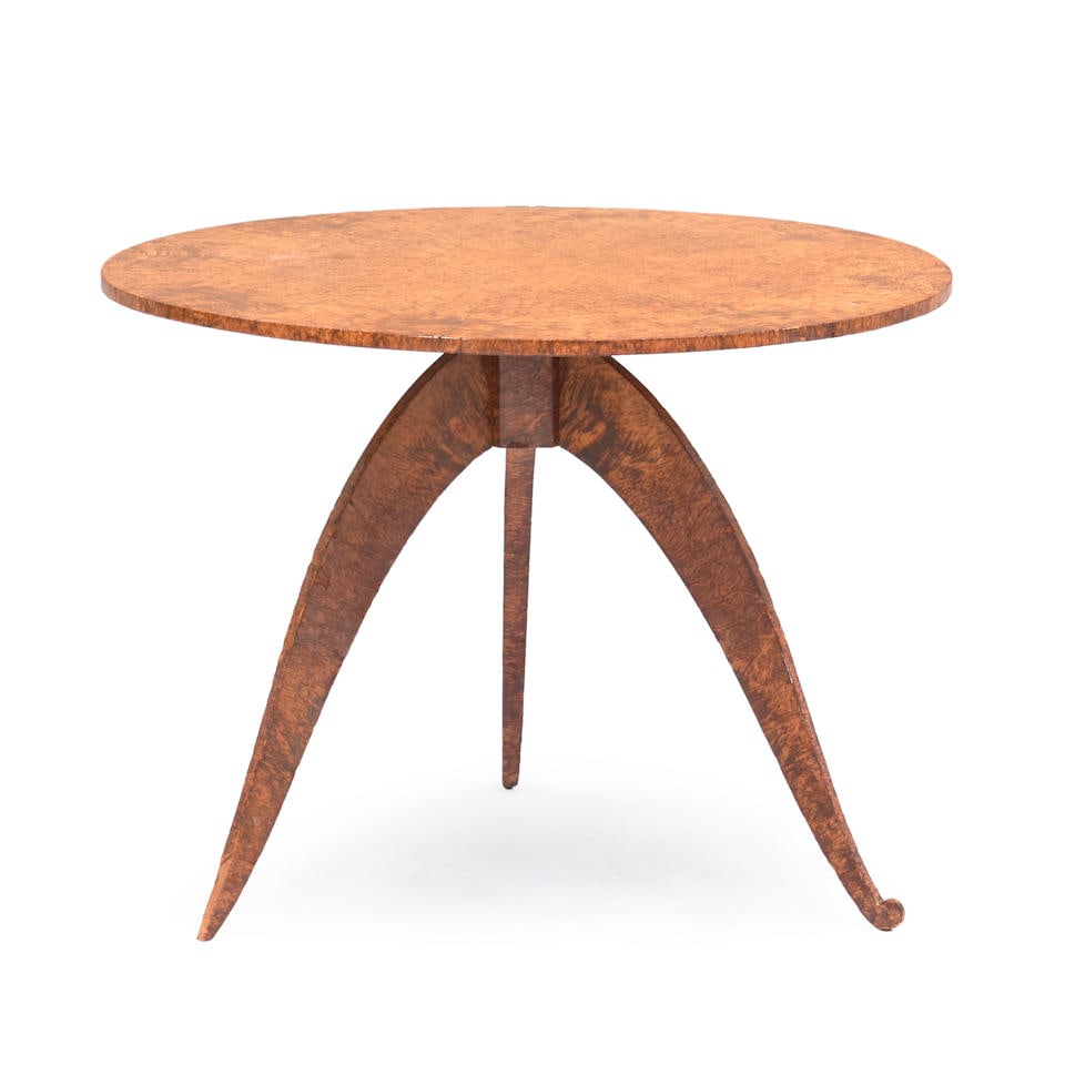 BURLWOOD-VENEER CENTER TABLE, early 20th century, circular top set on tripod base, legs ending i... (1 of 3)