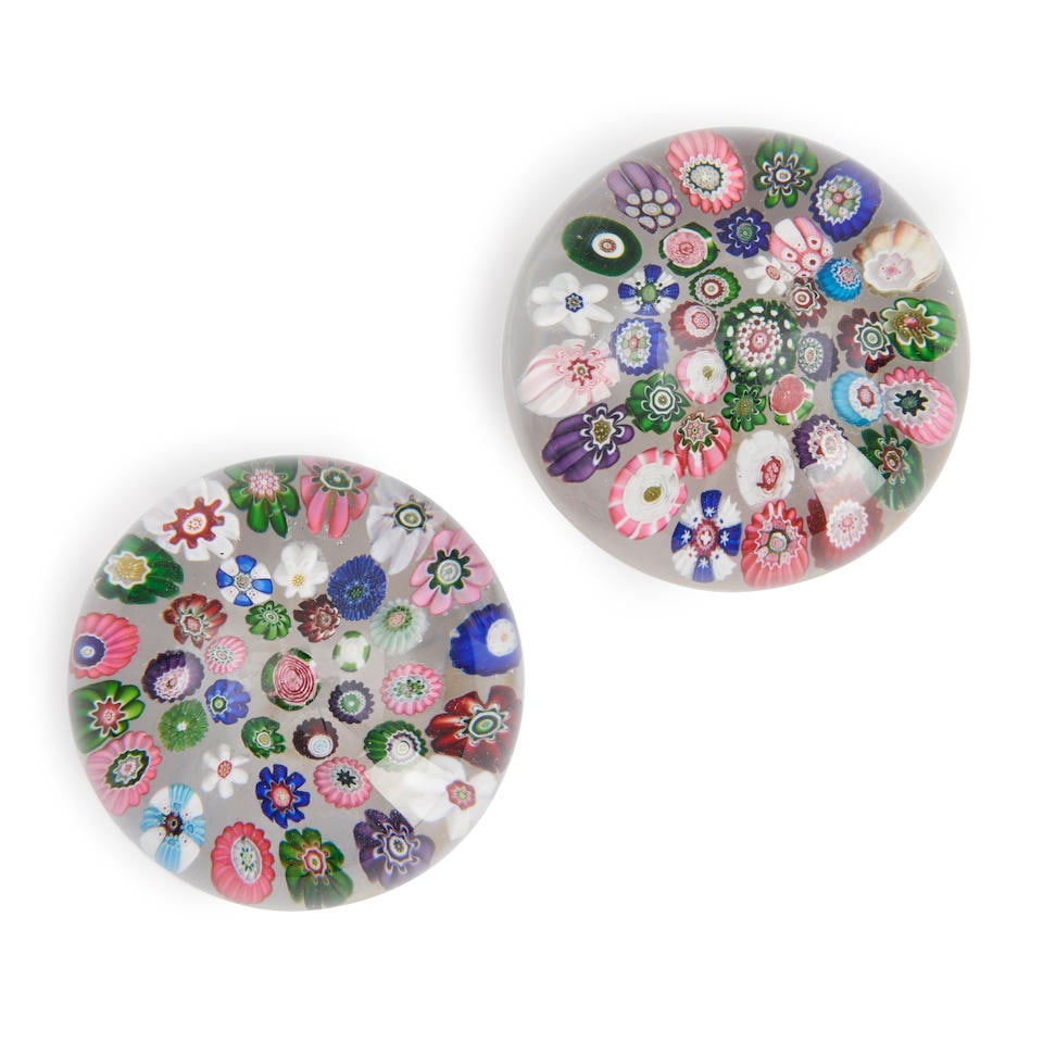 TWO SPACED MILLEFIORI GLASS PAPERWEIGHTS, France, ht. 1 1/2 to 2 1/4 in. (1 of 1)