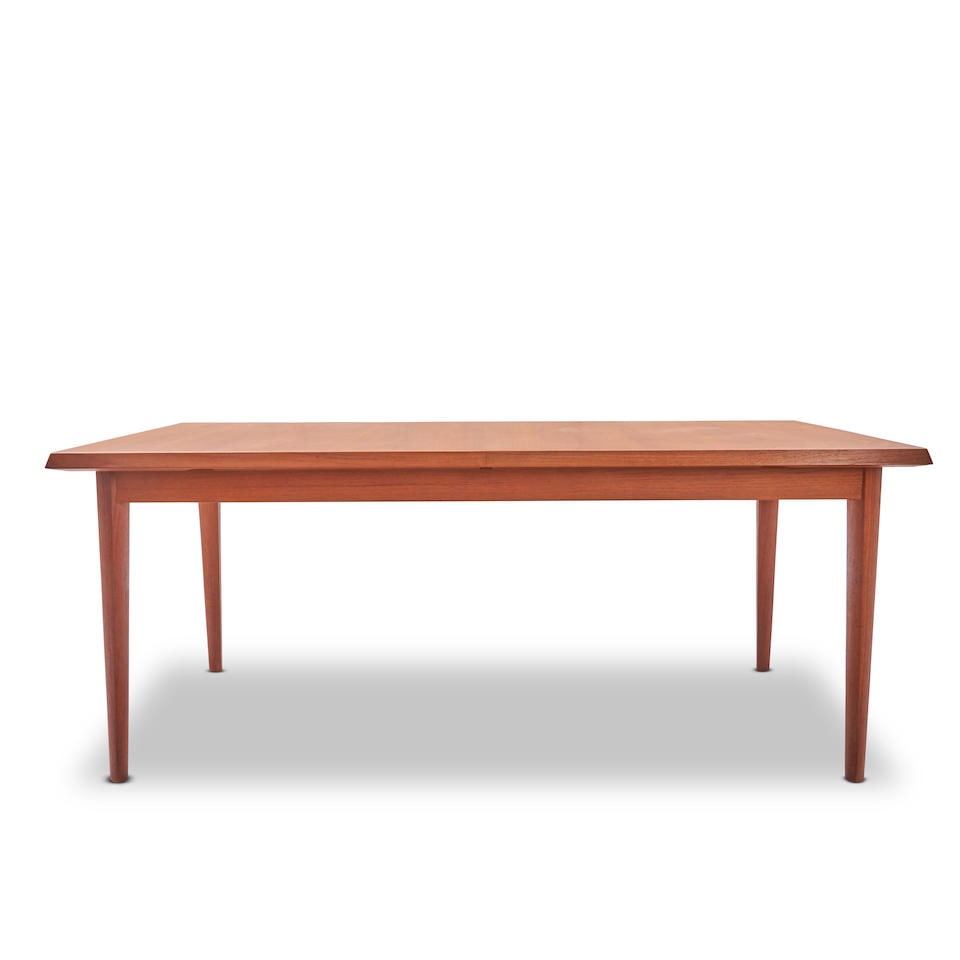 FRITZ HANSEN TEAK DINING TABLE, Denmark, c. 1960, teak, teak veneer, paper label 'FH Made in Den... (1 of 4)