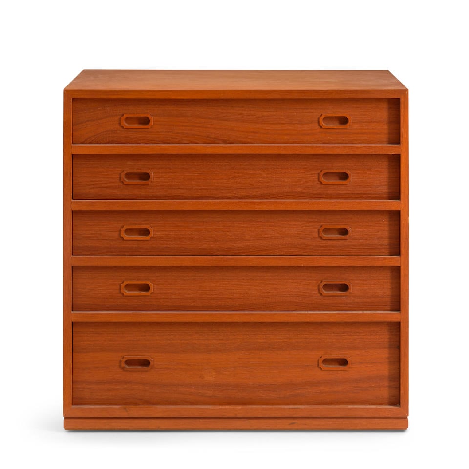 DANISH MODERN TEAK STORAGE CHEST, Denmark, c. 1955, teak veneer, ink stamp mark 'Made in Denmark... (1 of 2)