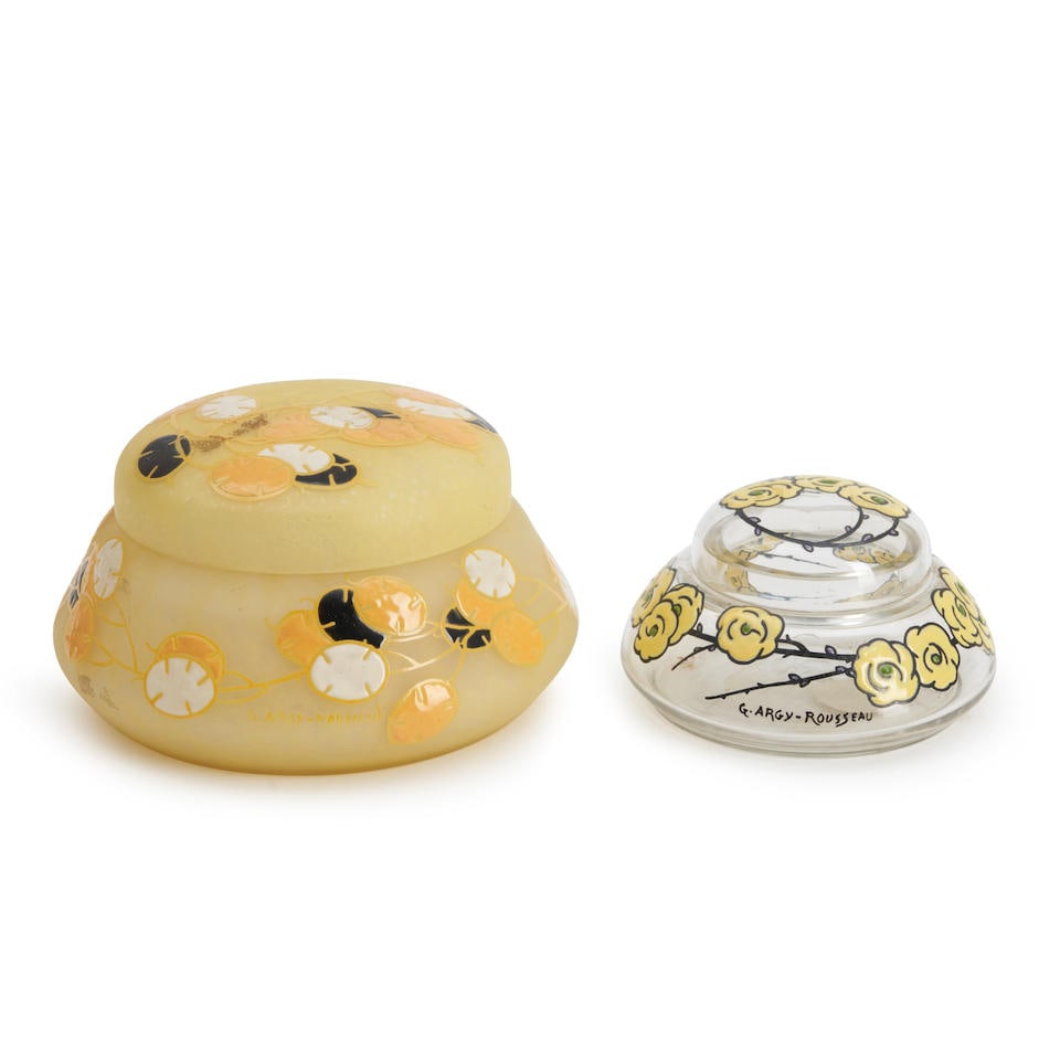 TWO GABRIEL ARGY-ROUSSEAU (1885-1953) ENAMELED GLASS JARS, France, c. 1925, clear glass jar with... (1 of 1)