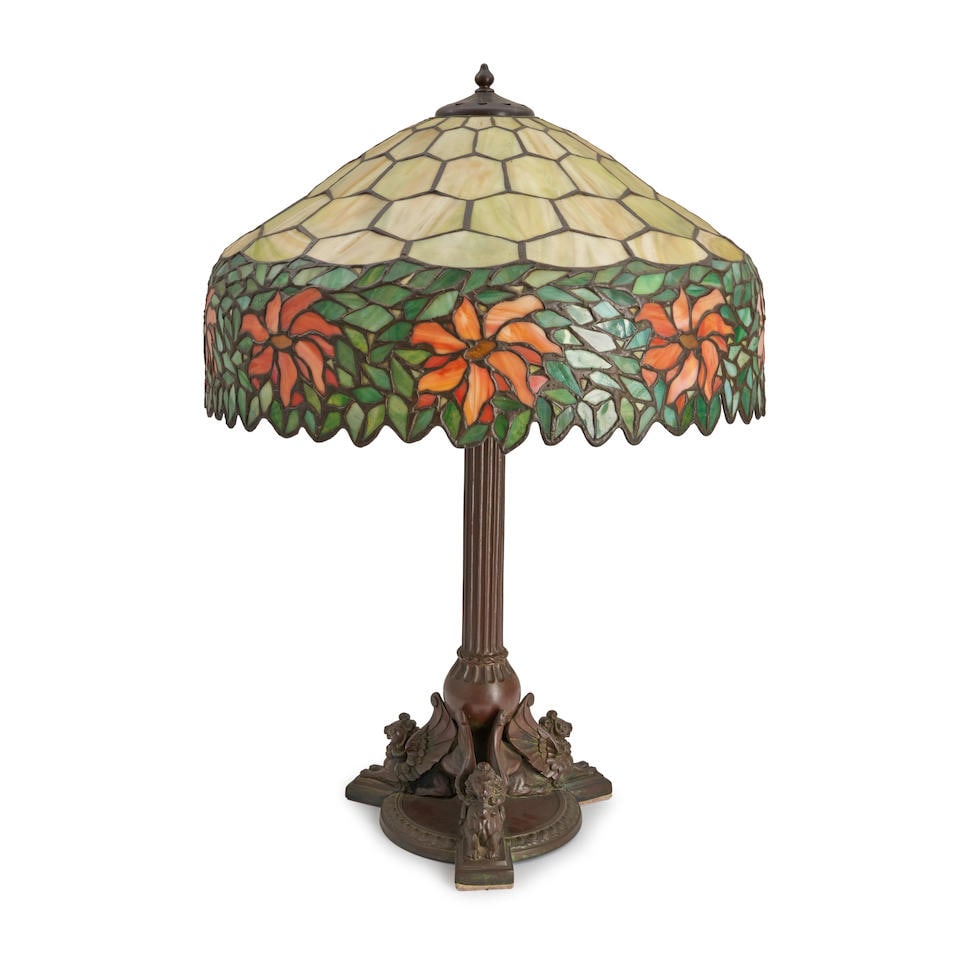 HANDEL BRONZE TABLE LAMP WITH MOSAIC GLASS SHADE, Meriden, Connecticut, c. 1920, base with griff... (1 of 4)