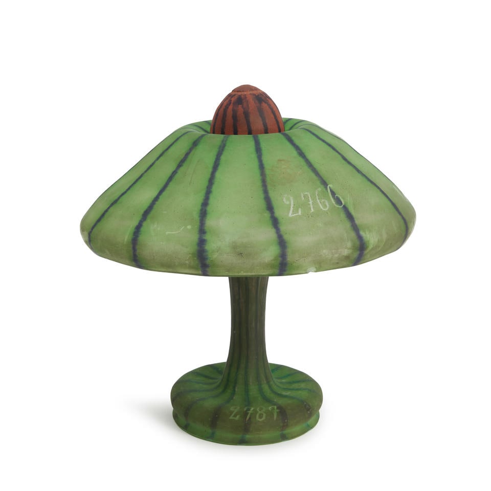 DAUM EXPERIMENTAL GLASS TABLE LAMP BASE AND SHADE, Nancy, France, c. 1910, shade, incised mark '... (1 of 2)