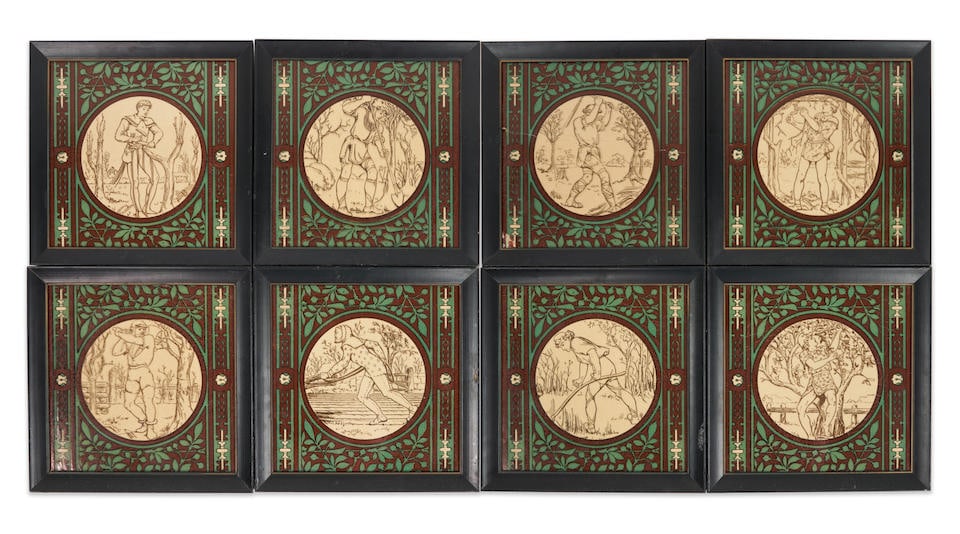 EIGHT MINTON CHINA WORKS 'FARMING PURSUITS' TILES, Stoke-on-Trent, England, c. 1900, molded make... (1 of 9)