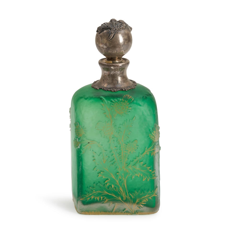 DAUM SILVER-MOUNTED, ACID-ETCHED AND GILDED GLASS DECANTER, Nancy, France, c. 1890, gilt-painted... (1 of 4)