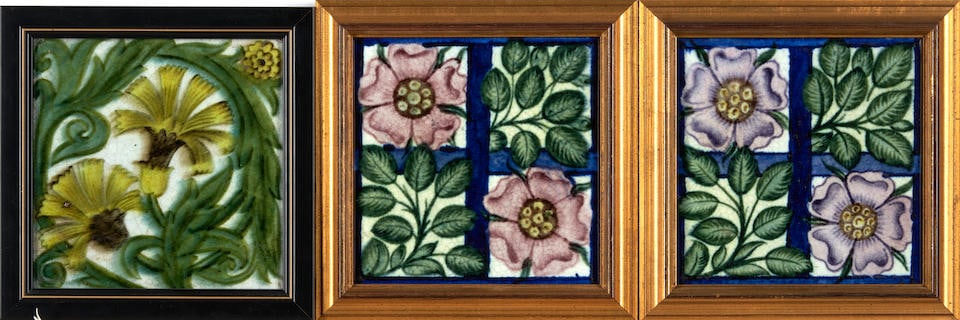 THREE WILLIAM DE MORGAN FLORAL TILES,  England, late 19th century, tile with yellow carnations w... (1 of 5)